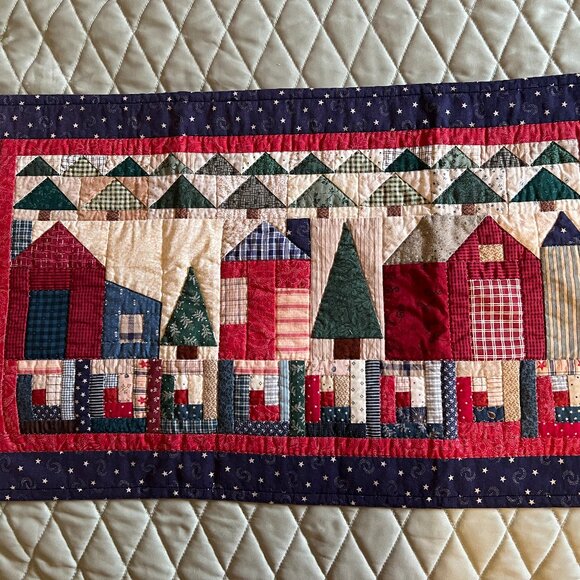 Hand Stitched Homemade Folk Art Patchwork Quilted Wall Hanging or Table Runner - Picture 14 of 15